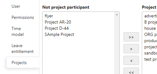 Projects and project participation for user