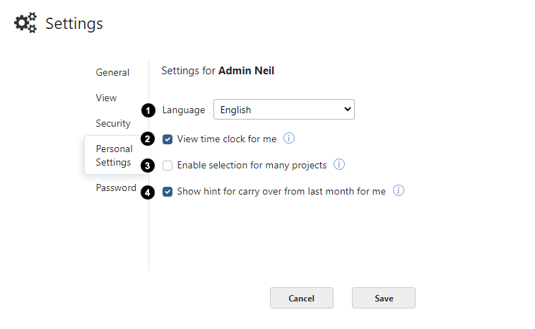 Time Registration Personal Settings