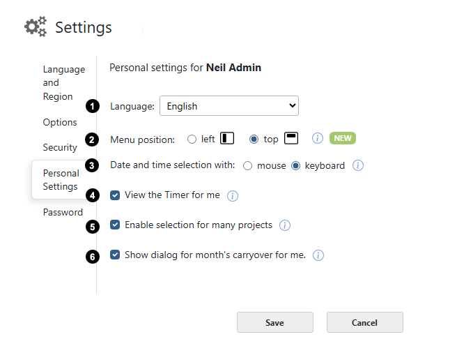 Time Registration Personal Settings
