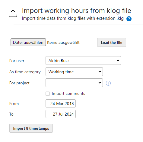 Working hours klog import