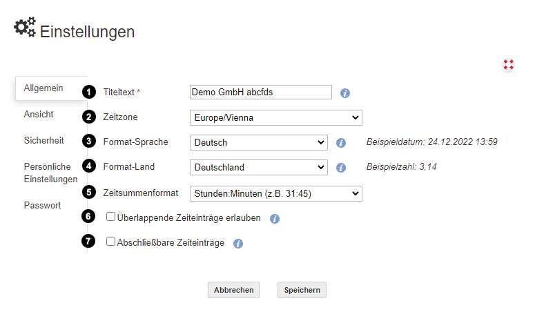 Arbeitszeiterfassung Einstellungen Allgemein