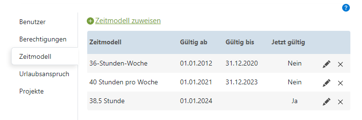 Arbeitszeitmodell einem Benutzer zuweisen