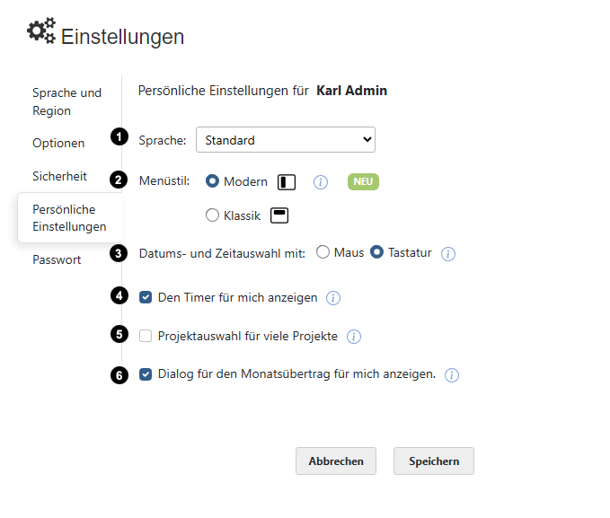 Zeiterfassung Persoenliche Einstellungen