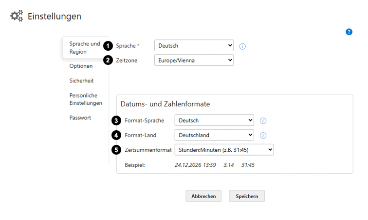 Arbeitszeiterfassung Einstellungen Sprache und Region