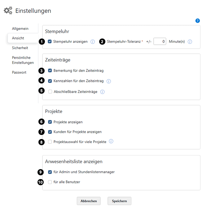 Arbeitszeiterfassung Einstellungen Ansicht
