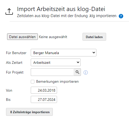 Arbeitszeit klog Import